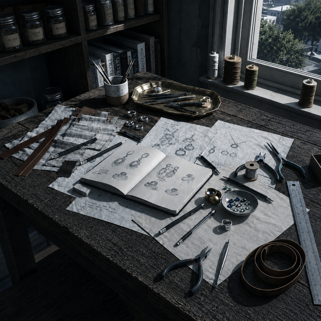 The SOLID WORKS studio desk with sketches, gemstone samples, and drawing tools